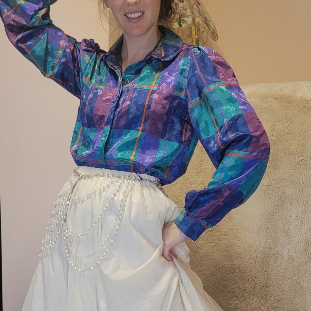 **Vintage Blue and Purple Plaid Button Down Blouse** - Picture 10 of 15